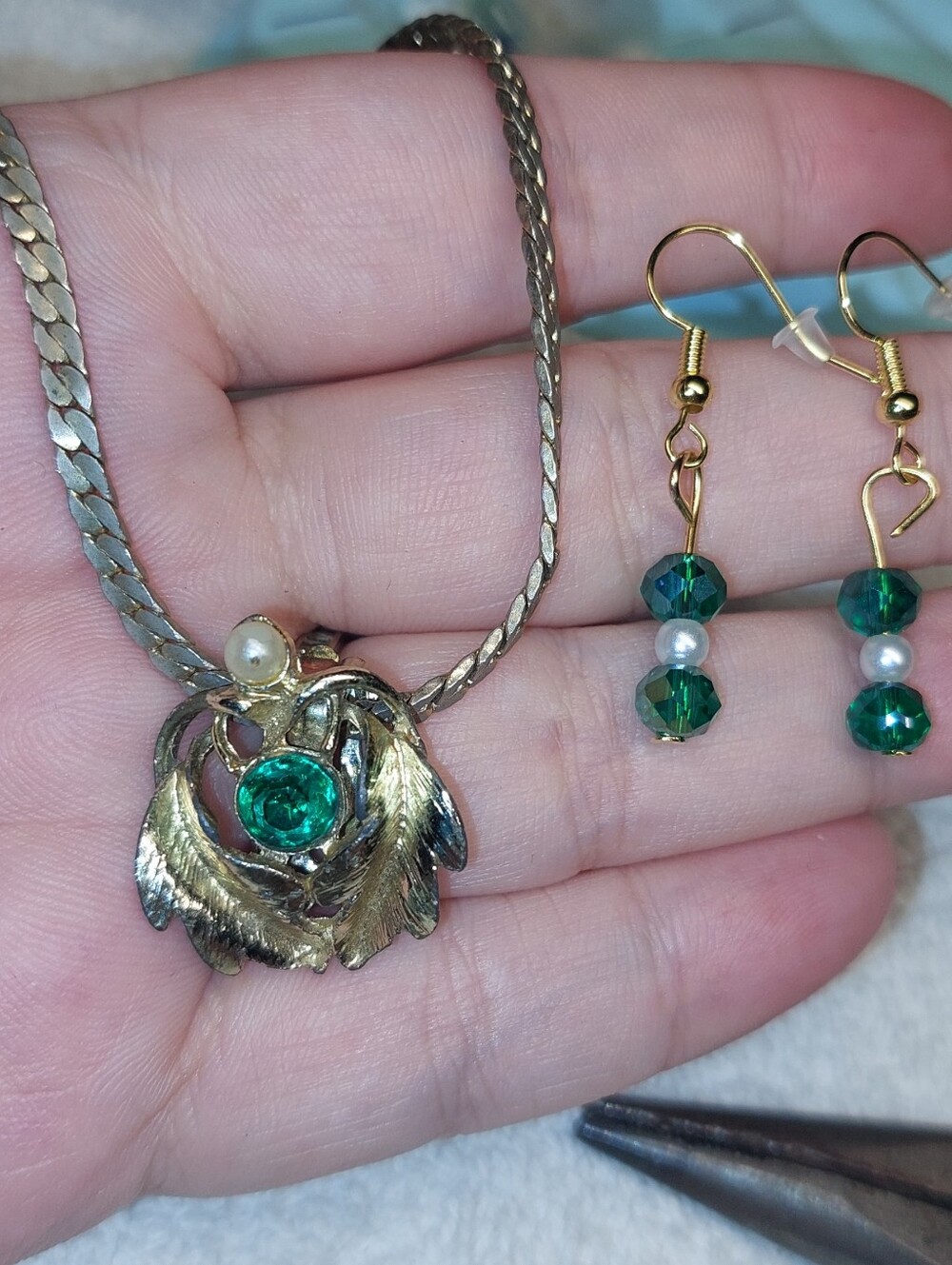 Vintage Upcycled Gold-Tone Green Crystal Pendant Necklace and Earrings Set